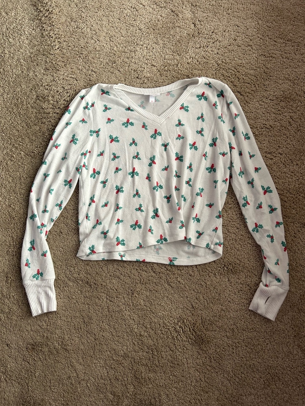 White V-Neck Cropped Holiday Holly Print Top